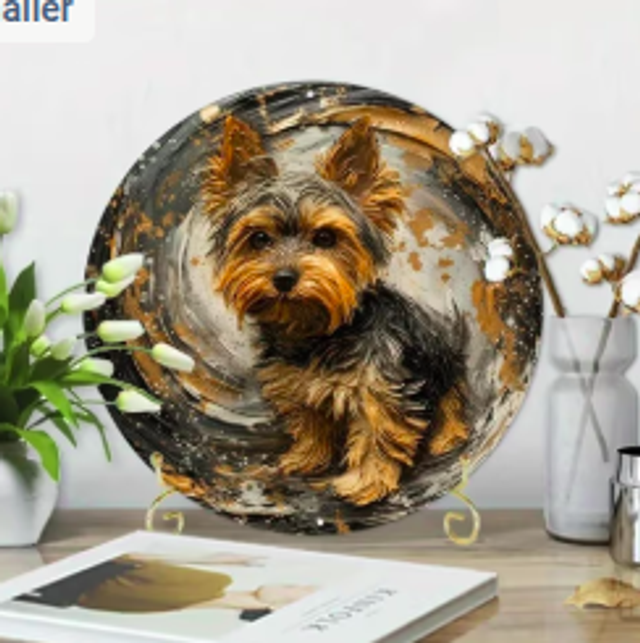 Wanddecoratie metalen bord Yorkshire Terrier (20cm diameter)