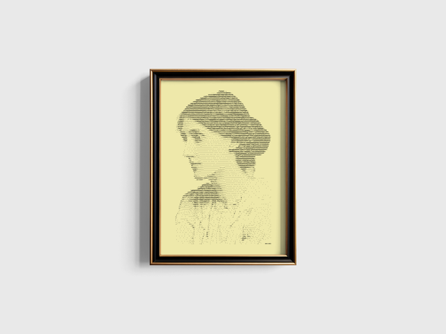 A3 Schreibmaschinen-Porträt Virginia Woolf in Schwarz auf Elfenbein