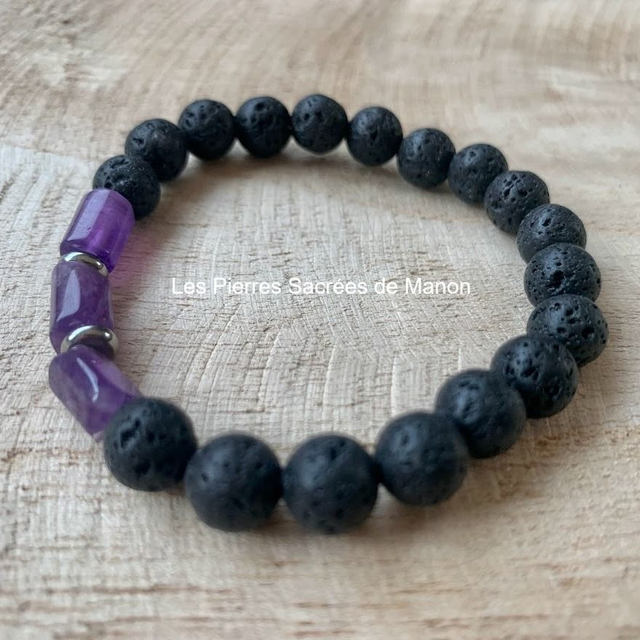 Bracelet Pierre de Lave et Améthyste - Perles de 8mm