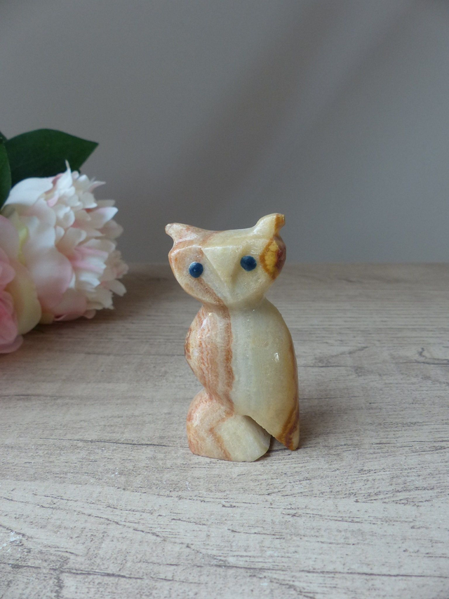 Figurine hibou en pierre sculptée - porte-bonheur vintage pour collection lithothérapie ou décoration naturelle - cadeau animal en pierre