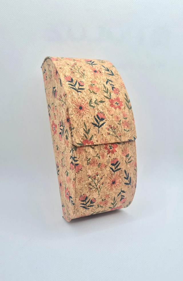 Étui à lunettes rigide arrondi en liège imprimé fleurs 