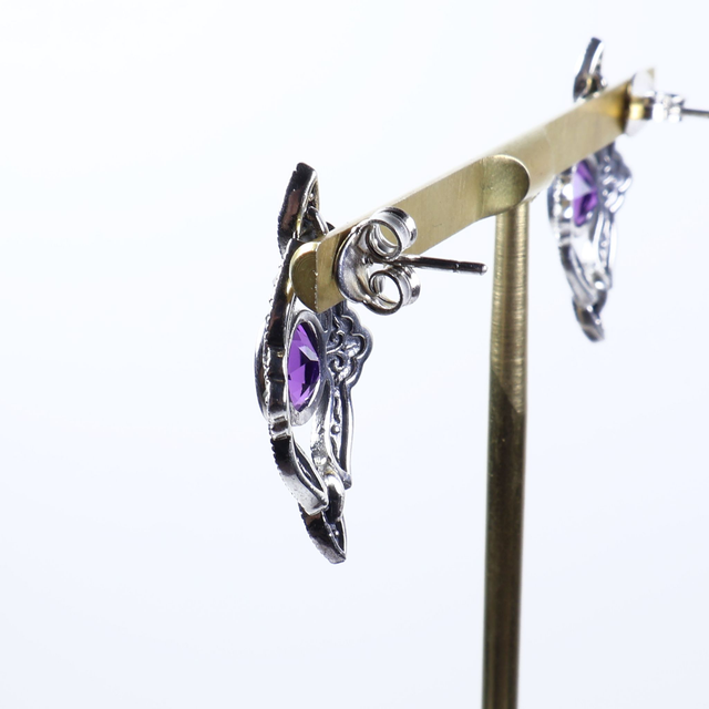 Art Deco Style Sterling Silver 925 Oval Cut 1ct Rich Deep Purple Amethyst Marcasite Gemstone February Birthstone Diamond Shape Design Stud Earrings