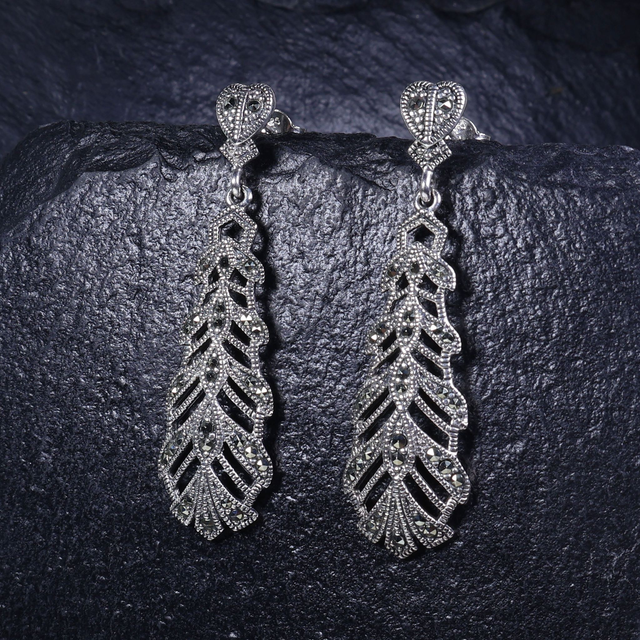 Pair of Elegant Sterling Silver 925 Art Nouveau Style Long Marcasite Gemstone Petal Leaf Floral Heart Geometric Design Drop Dangle Earrings