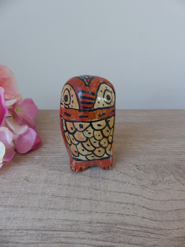 Rare figurine chouette marocaine vintage en poterie artisanale peinte à la main – sculpture décorative des années 1970 en céramique colorée