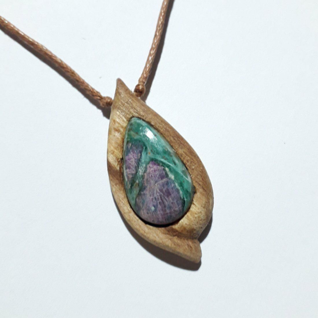 Ruby Fuchsite Necklace With Hand Carved Palo Santo Wood 