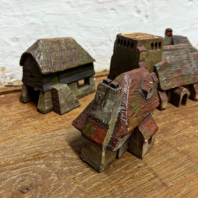 Early Handcrafted Wooden Village – Naively Scratch-Made With Original Painted Finish