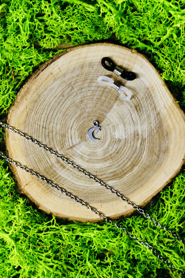 Chaine de lunettes touche de magie argentée personnalisée Lune et étoile