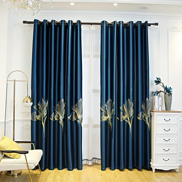 Lily Flower Embroidery Semi-blackout Curtains for Living Room 2pcs/Set 