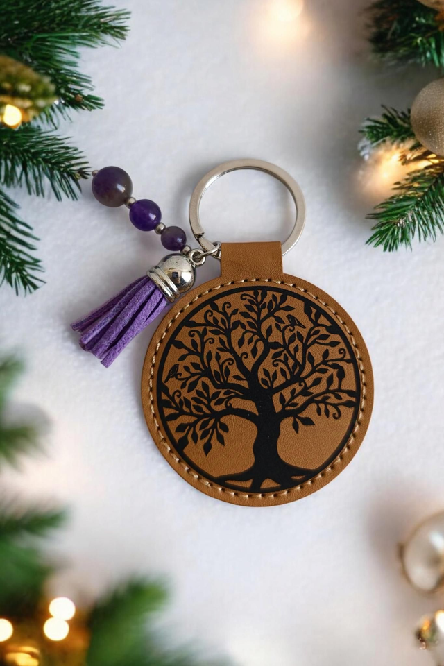 Porte-clé simili cuir Améthyste arbre de vie