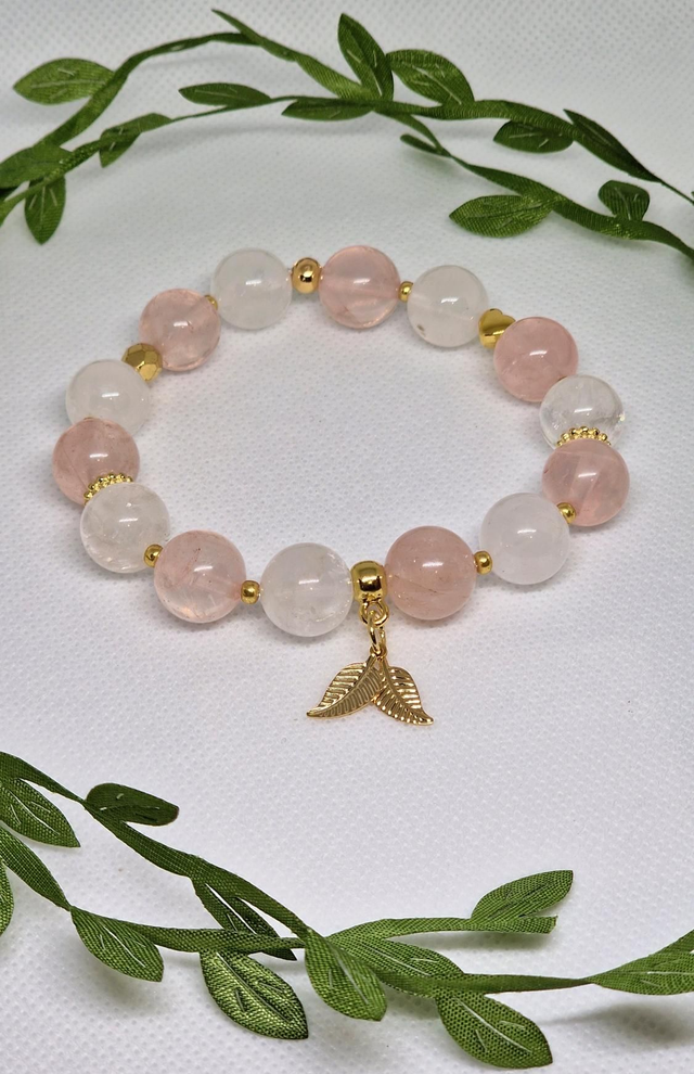 Bracelet Jade blanc et Quartz rose de 1,2 cm.