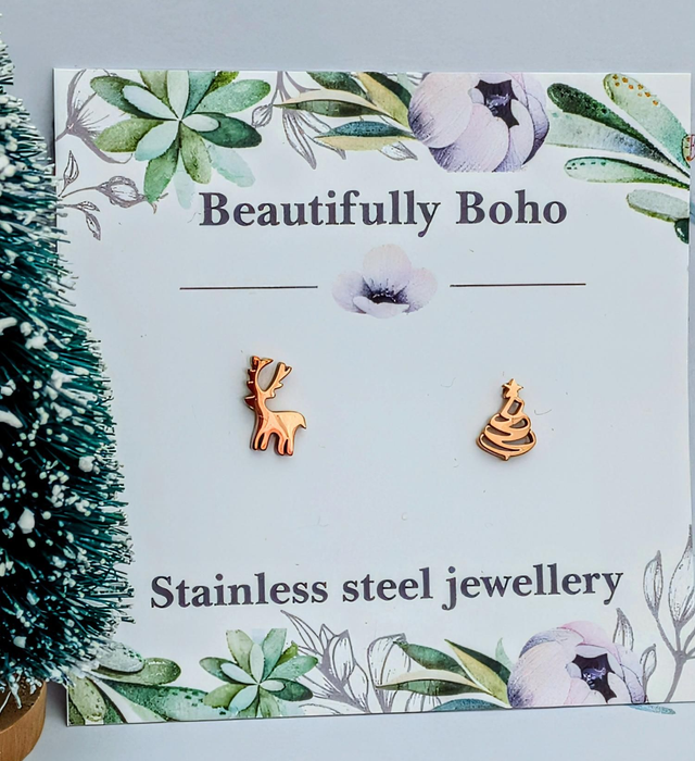 Rose Gold Tone Plated Stainless Steel Christmas Tree &amp; Deer Studs