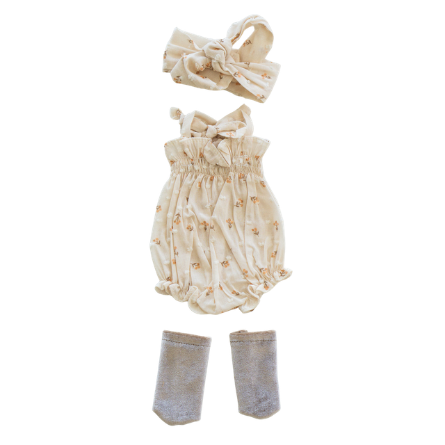 Grenouillère beige fleurs + bandeau et chaussettes