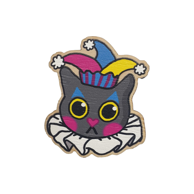 Clown Cat Wooden Pin Badge