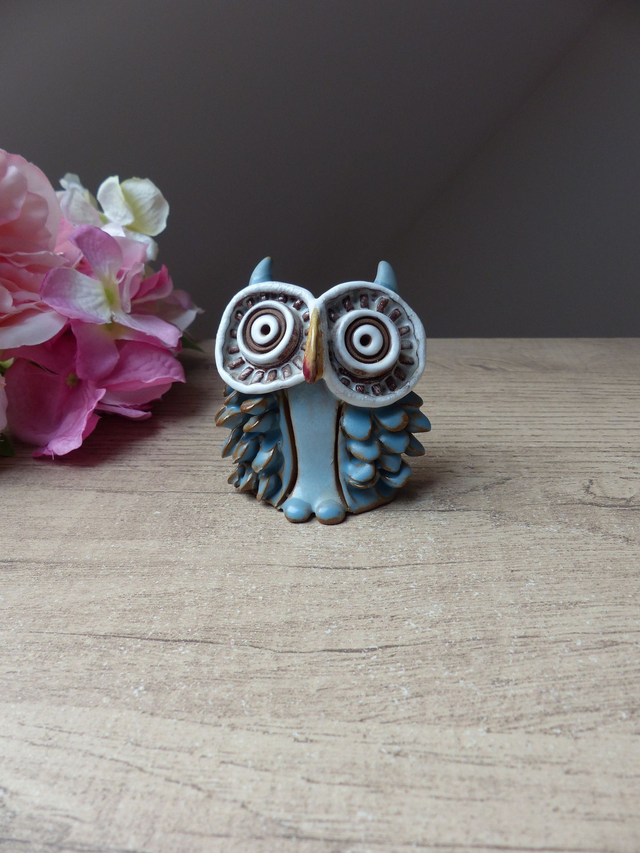 Céramique figurine hibou bleu, poterie hibou, figurine hibou artisanat, statuette hibou terre cuite, bébé hibou décoration collection