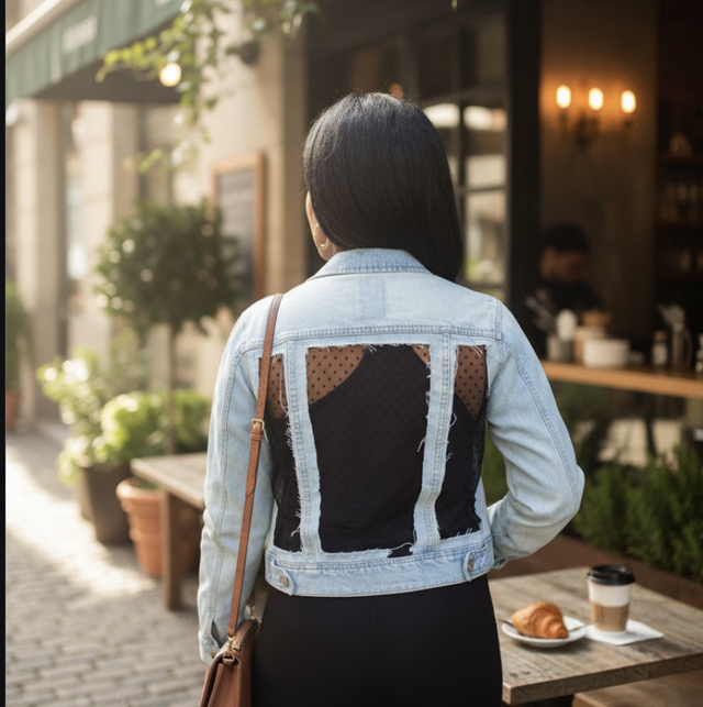 Veste en jean customisée dentelle love 38/40