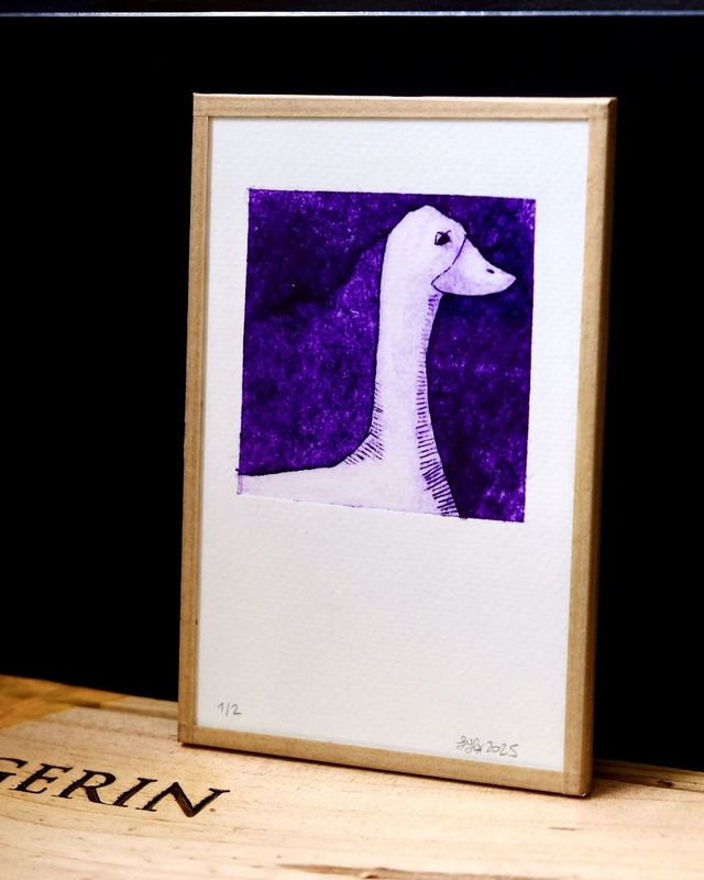 Oie sérieuse - petite estampe 10x15 violet