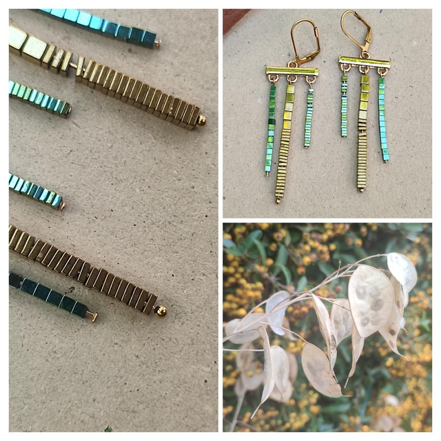 "Asymétrie" boucles en hématites bleu/vert/or pierre naturelle en acier inoxydable doré -sans nickel, pièce unique 