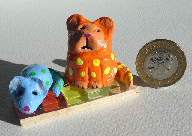 Wonderful Gifts. "Kitty on a Canvas Wedge and Mousey on Mosaic" are fun handmade gifts. Orange and blue