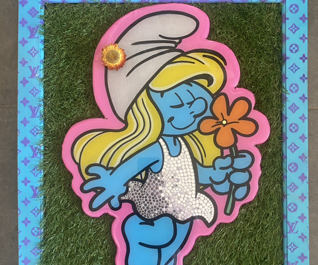 Tableau Schtroumpfette street art en relief résine  – Œuvre originale pop culture