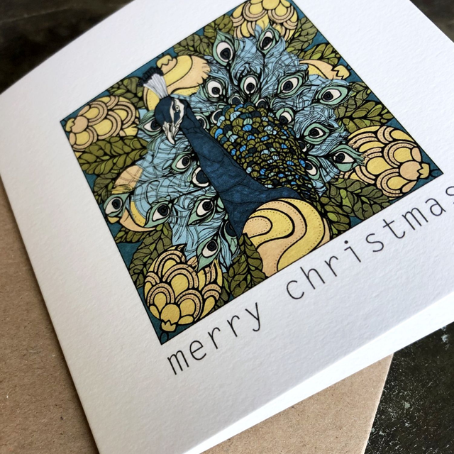 Card - Christmas - Peacock blue/yellow with text
