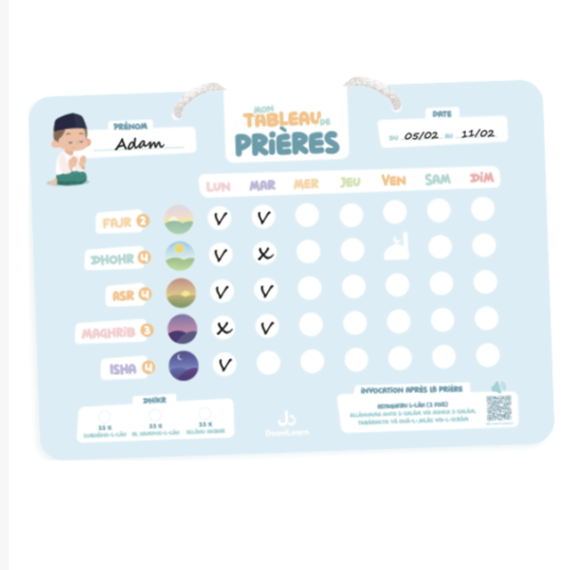 Tableau de prières - Pour un suivi hebdomadaire de mes 5 prières