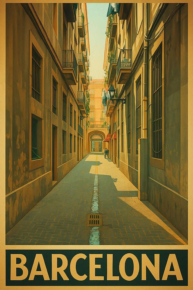Póster de viaje retro de Cataluña con escena callejera vintage del Barrio Gótico de Barcelona