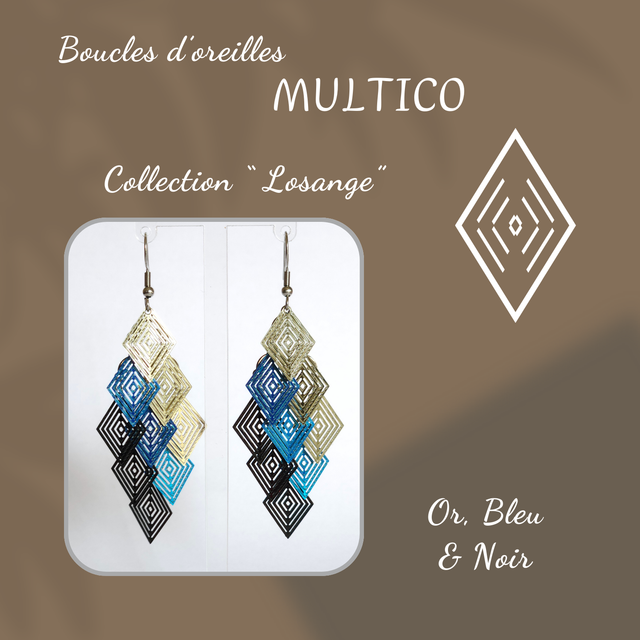 Boucles d&#039;oreilles MULTICO - Collection Losange - Or, Bleu et Noir