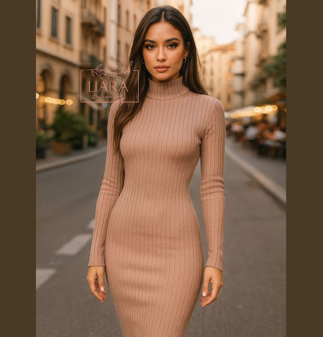Midi Bodycon Feinstrick Kleid in beige