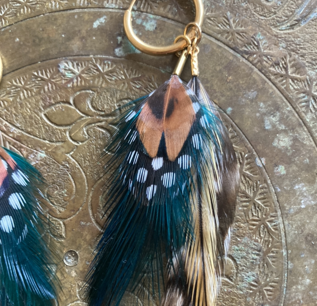 Boucle d’oreille créoles plumes bleu /vert et