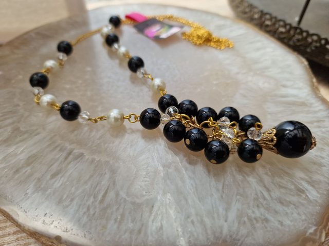 Collier Sautoir Grappe Doré Noir Et Blanc Cristal