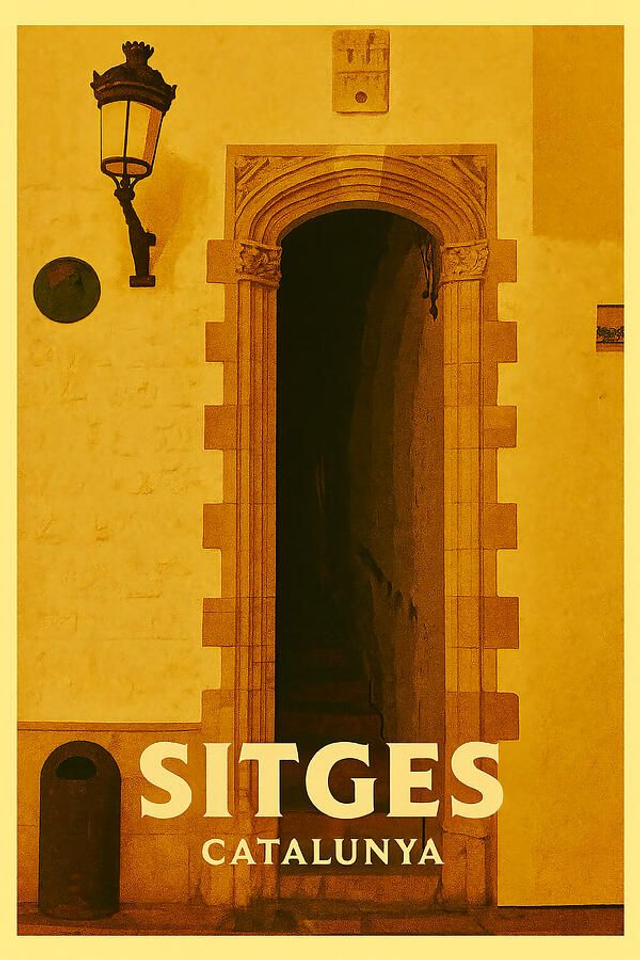 Póster vintage de Sitges, Catalunya: Arco gótico de piedra y linterna