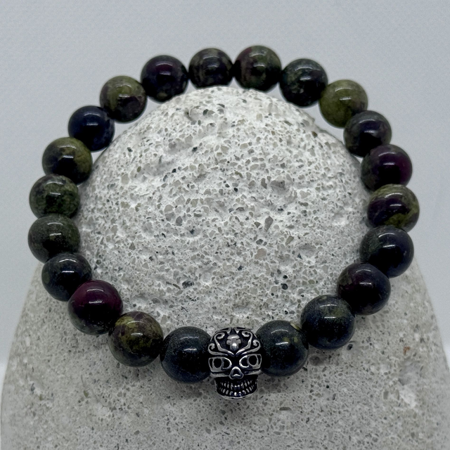 Bracelet en jaspe sang de dragon &amp; crâne inox style cubain
