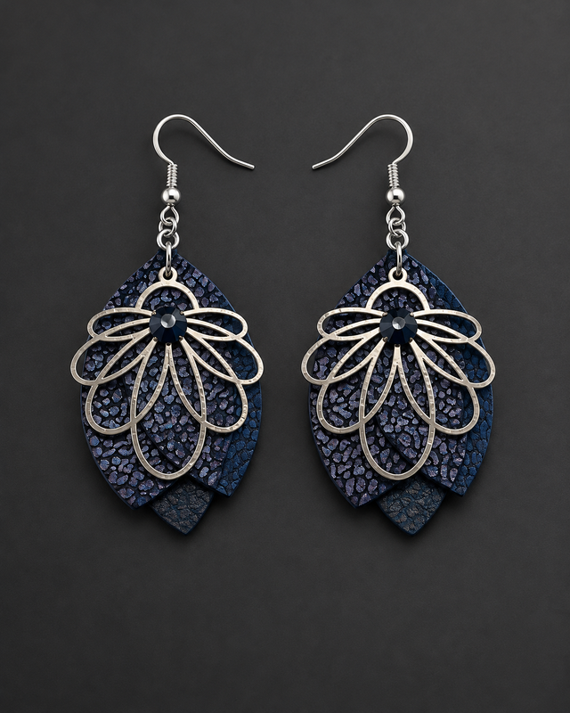  Éclat de Nuit – Boucles d’oreilles en cuir bleu marine nacré