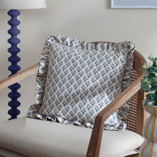 Lulah Block Printed Ruffle Cushion Linen/Blue