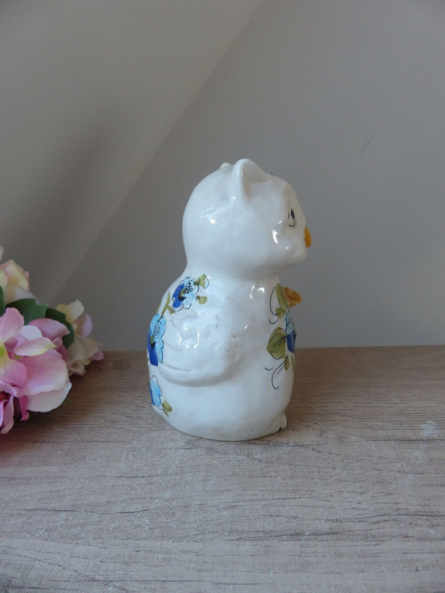 Ancienne tirelire Hibou savant décor floral Italie, Statuette Hibou avec rouleau de Parchemin, Idée Cadeau Projet, Cagnotte Etudiant Diplôme