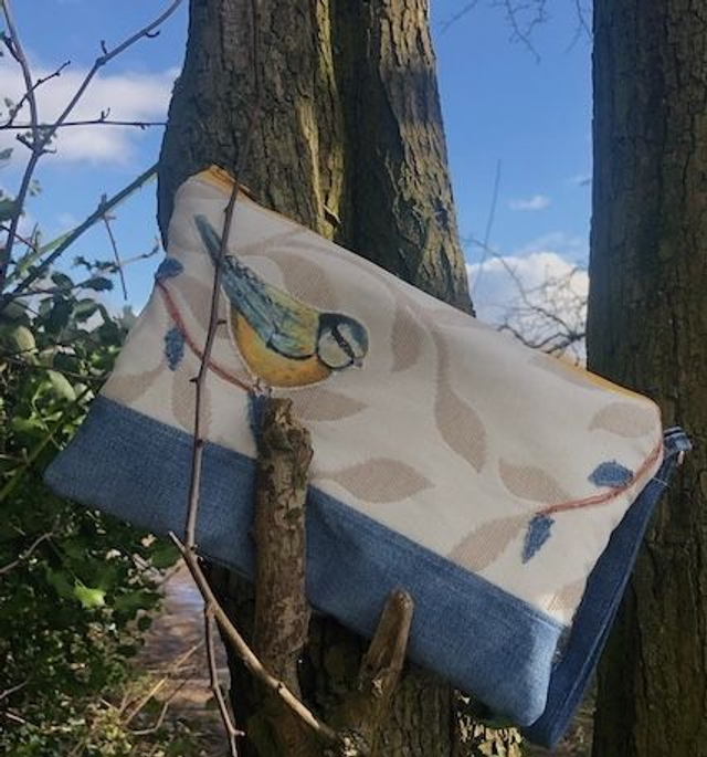 Blue tit on a branch upcycled clutch