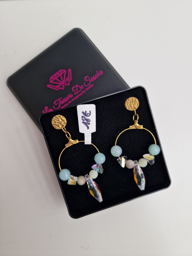Boucles D&#039;oreilles Acier Créoles Pierres Amazonite Bleu Cristal