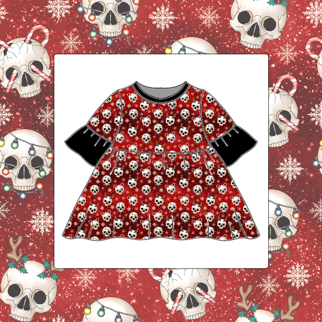 Christmas Red Skulls Childrens Bell Sleeve Dress