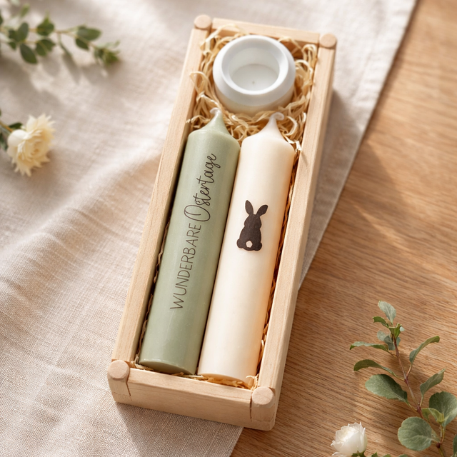 Osterkerzen in Holzverpackung