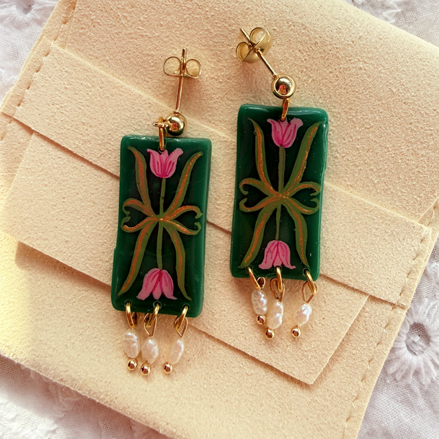 Pink Tulip Rectangle Earrings with Rice Pearls