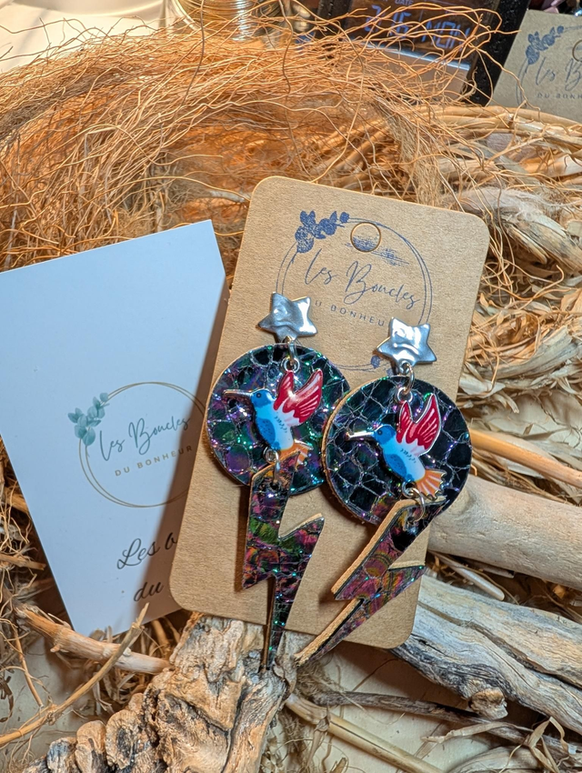 Boucles d'oreilles colibri holographique co004