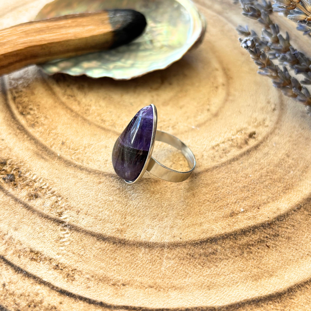 Bague goutte réglable améthyste & inox couleur argenté