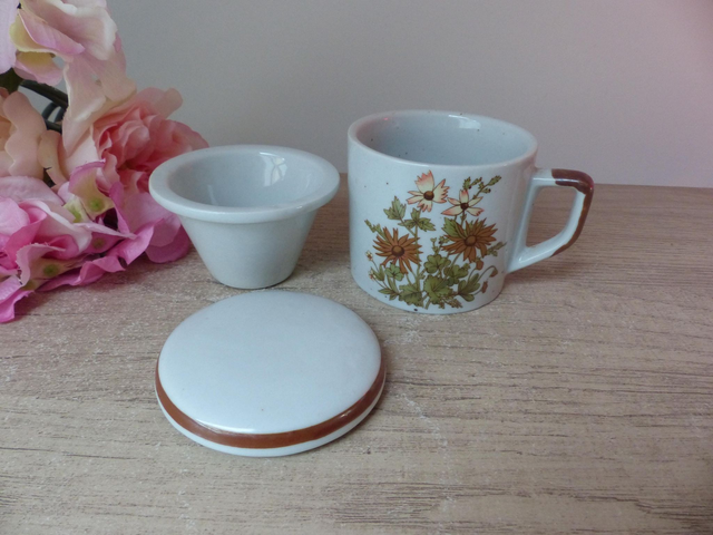 Tisanière en grès émaillé moucheté fleuri, tasse avec filtre décor botanique jaune, vert et orange Vintage, cadeau fête femme anniversaire