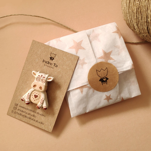 Cow Totem Tribal Pin - Air-Dry Clay Pin - Unisex Pin