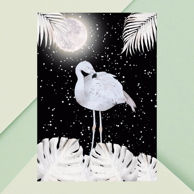 Impression de Flamant Blanc sous Pleine Lune dans un Nuit Étoilée -Art Élégant / White Flamingo Under a Full Moon in a Starry Night Print -Elegant Art