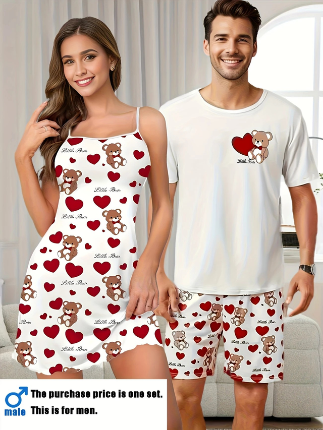 Women/Men Couple Style Cartoon Teddy Bear Print