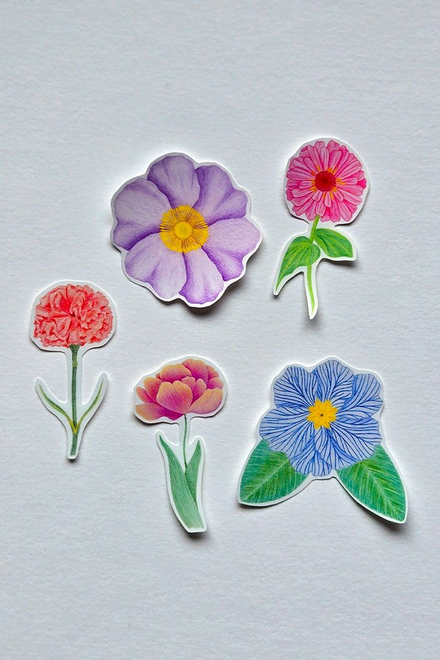 Lot de 5 stickers fleuris – autocollants floraux faits main en vinyle