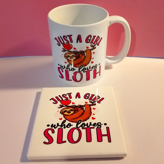 Sloth 11oz Mug &amp; Ceramic Coaster Set - 20 Designs - Valentine's Gift - Birthday Gift