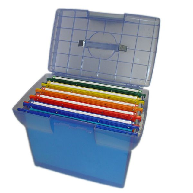 Valigetta Arianna - blu traslucido - con 5 cartelle sospese Joker interasse 33 cm - 37x25x30 cm - Bertesi