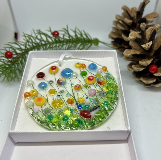 Wildflower Meadow with Robin Fused Glass Circle